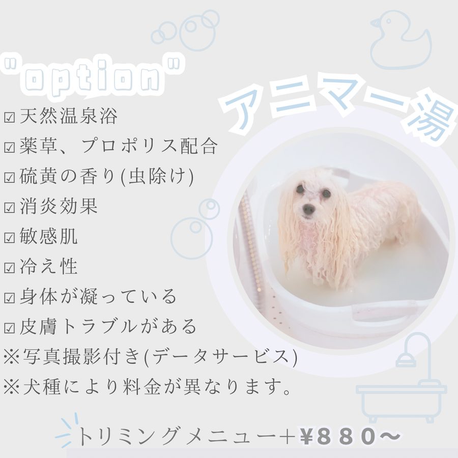 アニマー湯：天然温泉浴、薬草・プロポリス配合、消炎効果、敏感肌にも。トリミングメニュー+880円〜